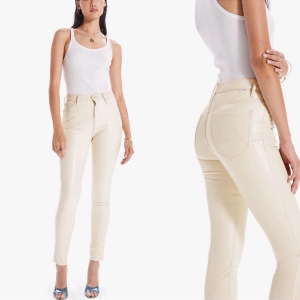 MOTHER The Super Swooner in Wax On Wax Off Faux Leather Skinny Jeans White NEW